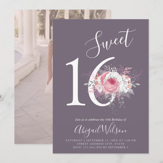 Modern elegant floral sweet sixteen birthday party invitation (Front/Back)