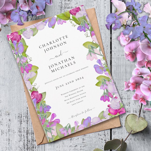 Modern Elegant Floral Watercolor Invitation (Modern garden florals pink purple sweetpea watercolor wedding invitation )