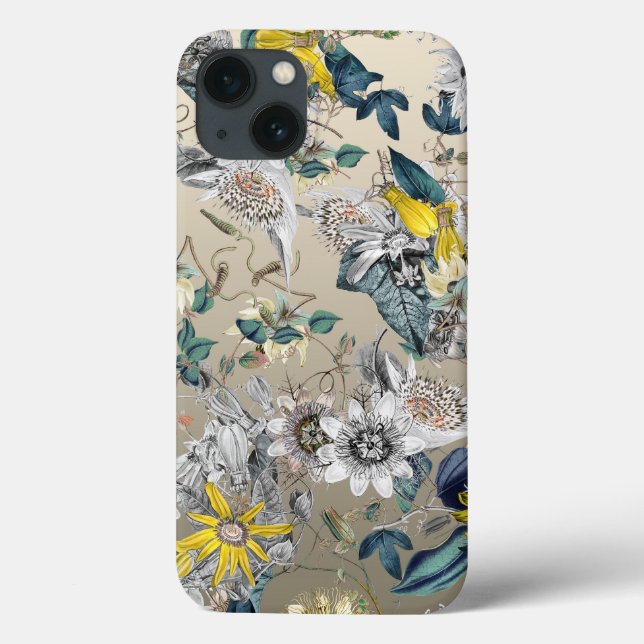 Modern Elegant Floral Yellow Silver Grey Case-Mate iPhone Case (Back)