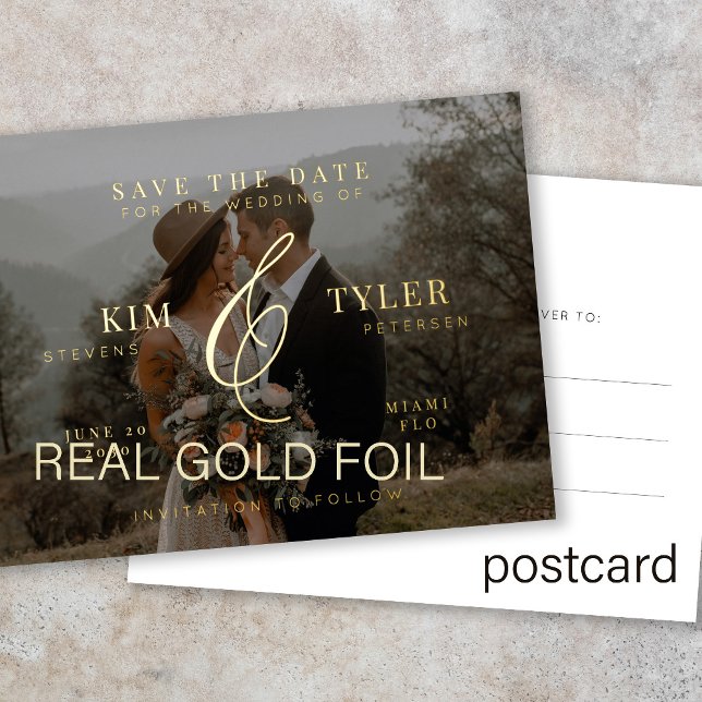 Modern elegant foil photo save the date postcard (You can choose the foil color: GOLD, SILVER, or ROSE GOLD)