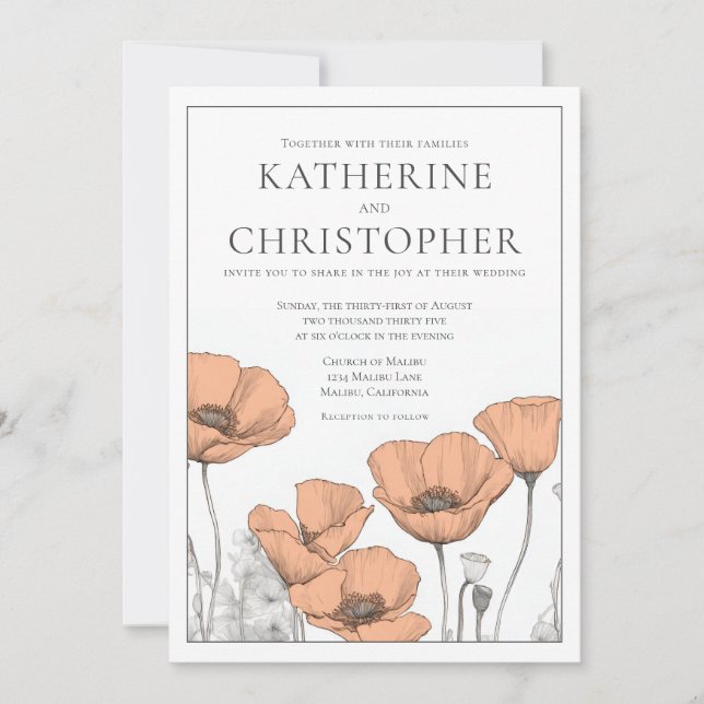Modern Elegant Formal Peach Poppies Floral Wedding Invitation (Front)