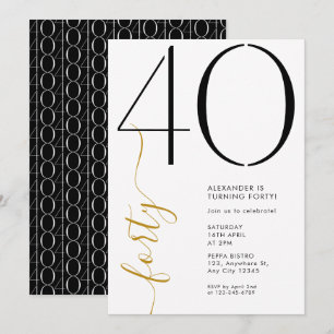 Modern Elegant Forty Black White 40th Birthday Invitation