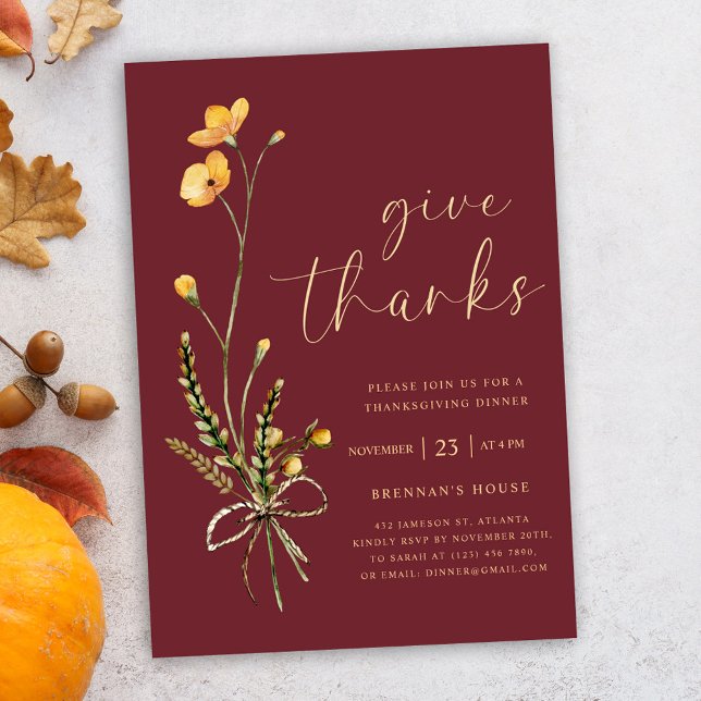 Modern Elegant Friendsgiving Thanksgiving Dinner Invitation (Burgundy Elegant Wildflower Thanksgiving Dinner Invitation)