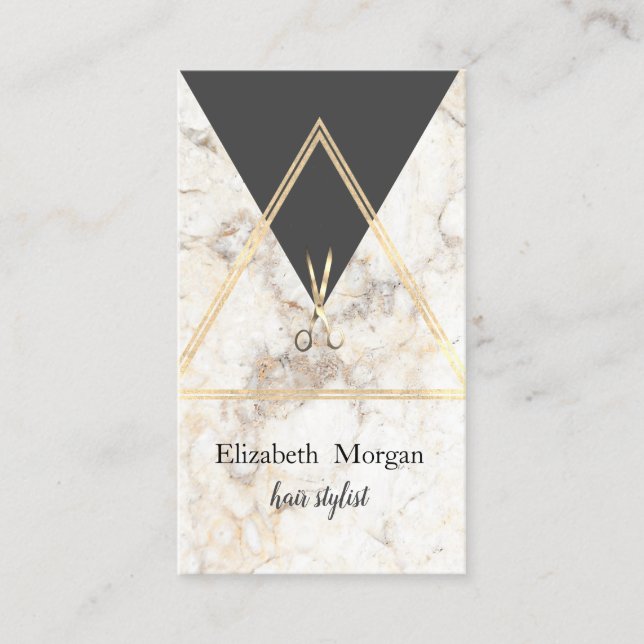 Modern Elegant Geometric Marble Gold,Scissors Business Card (Front)