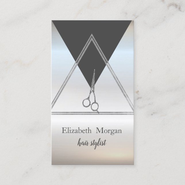 Modern Elegant Geometric Silver Scissors Business Card (Front)