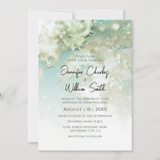 Modern Elegant Ggreen Gold Marble Ombre Invitation (Front)