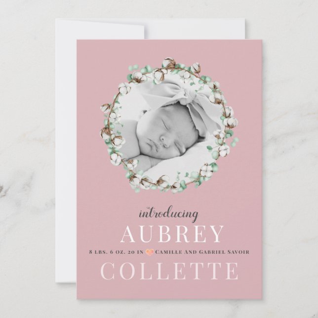 Modern Elegant Girl Pink Photo Birth Announcement (Front)