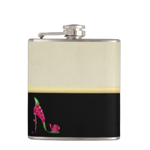 Modern Elegant Girly, Black, Cream,Flower Heel Hip Flask