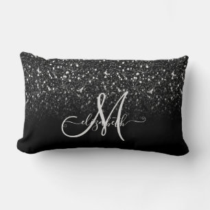 Modern Elegant Girly, Black Glitter Ombre Monogram Lumbar Cushion