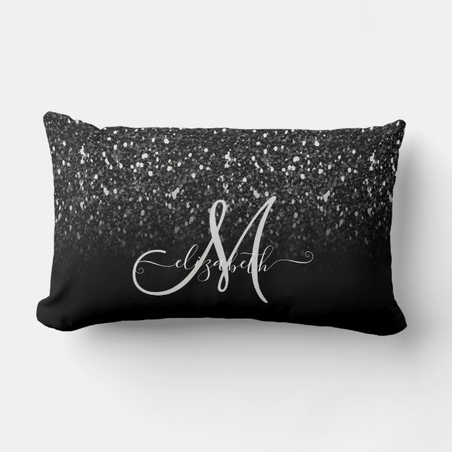 Modern Elegant Girly, Black Glitter Ombre Monogram Lumbar Cushion (Front)