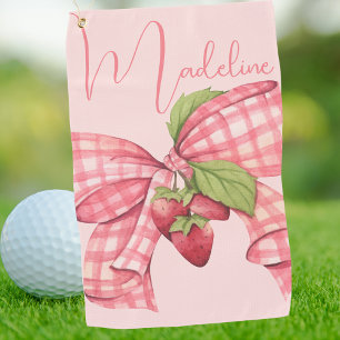 Modern Elegant Girly Pink Bow Strawberry  Golf Towel