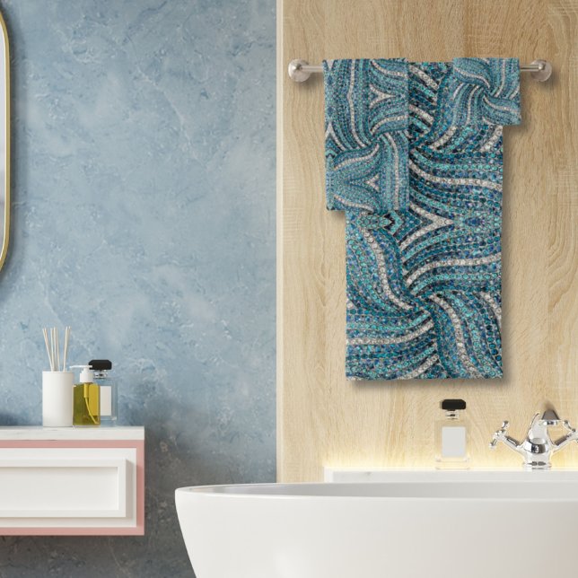 Modern  Elegant Girly Silver Turquoise Blue Swirl Bath Towel Set (Creator Uploaded)