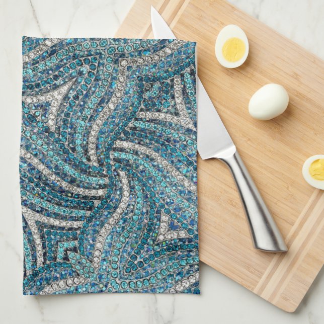 Modern  Elegant Girly Silver Turquoise Blue Swirl Tea Towel (Quarter Fold)