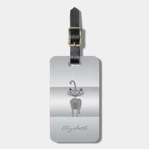 Modern Elegant Girly, Silver Whimsical Cat Luggage Tag