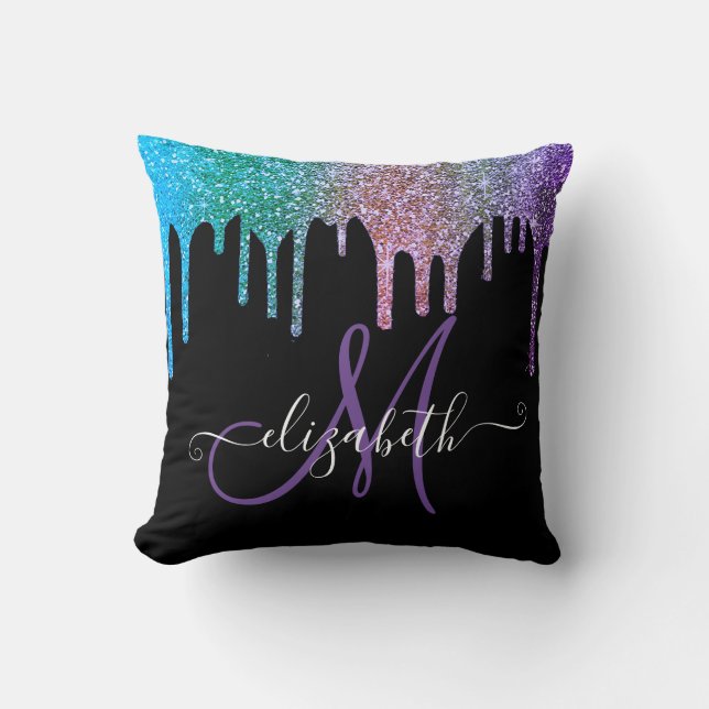 Modern Elegant Glitter Drips Black Monogram Cushion (Front)