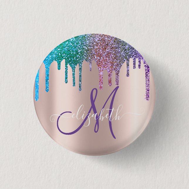 Modern Elegant Glitter Drips Rose Gold  Monogram   3 Cm Round Badge (Front)