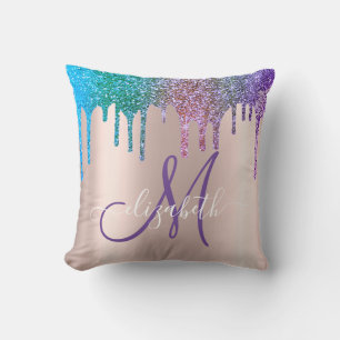 Modern Elegant Glitter Drips Rose Gold Monogram Cushion
