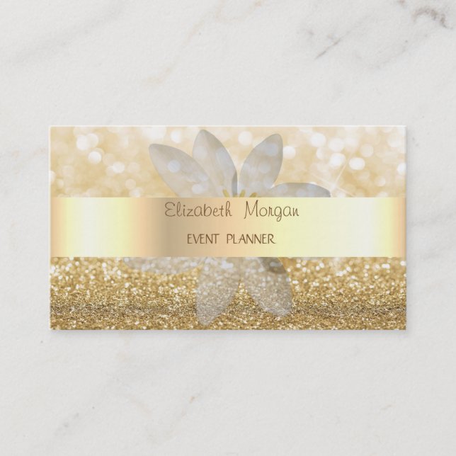 Modern Elegant Glittery,Bokeh,White Daisy Business Card (Front)