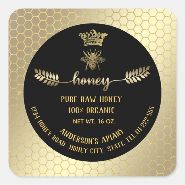 Modern elegant gold bee crown honey comb honey jar square sticker (Front)