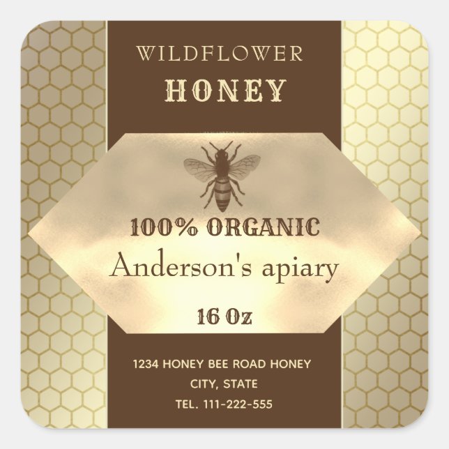 Modern elegant  gold  bee honey jar label (Front)
