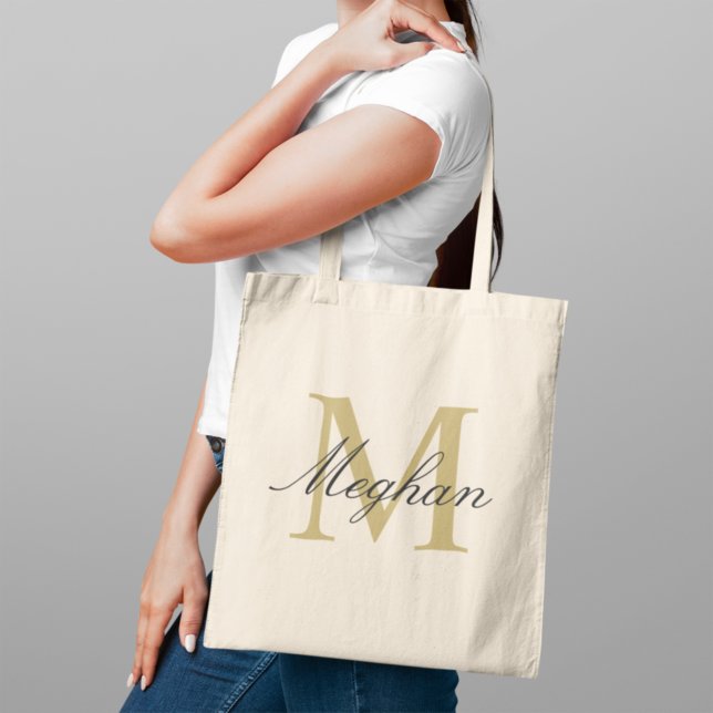 Modern Elegant Gold Black Personalised Monogram Tote Bag (Creator Uploaded)
