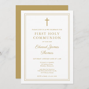 Modern Elegant Gold Border First Holy Communion Invitation