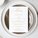 Modern Elegant Gold Calligraphy Wedding Menu<br><div class="desc">Enhance your wedding reception with this luxurious wedding menu, showcasing "Menu" in elegant gold calligraphy against a crisp white background. The modern, simple, and sophisticated design allows couples to personalise the menu with their names, wedding date, and meal details in bold gold lettering. Ideal for both formal and casual weddings,...</div>