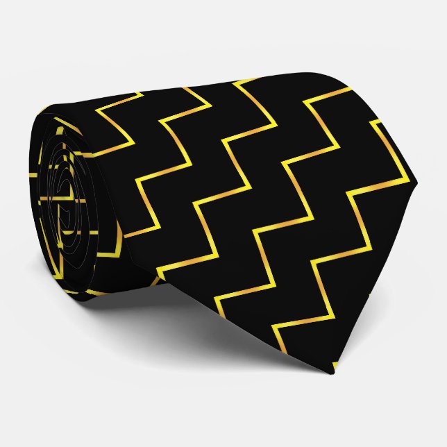 Modern Elegant Gold Chevron Pattern on Black Tie (Rolled)