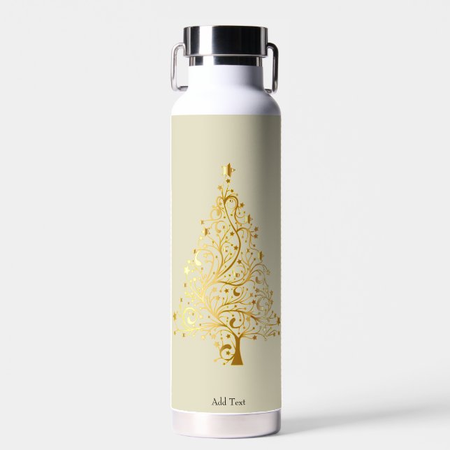 Modern Elegant Gold Christmas Tree Personalised Water Bottle (Front)