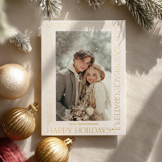 Modern Elegant Gold Christmas Words Photo (Modern Elegant Gold Christmas Words Photo Foil Holiday Card)