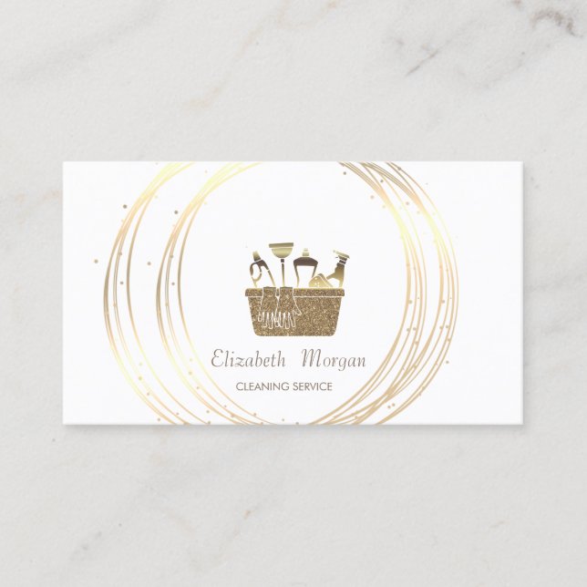 Modern Elegant Gold Circles Cleaning Tools Business Card (Front)