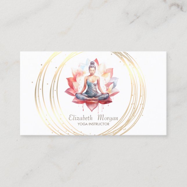 Modern Elegant Gold Circles Yoga Girl Lotus Business Card (Front)