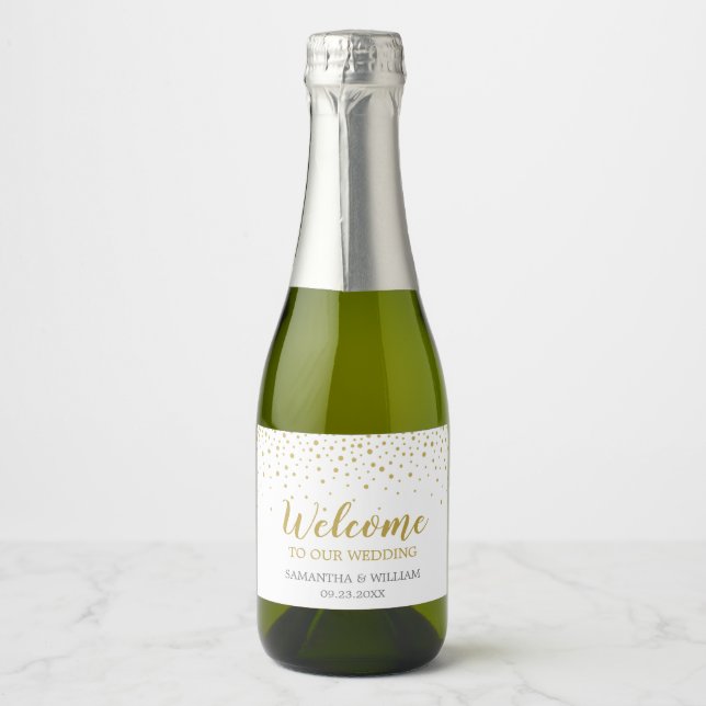 Modern Elegant Gold Confetti Wedding Welcome Sparkling Wine Label (Front)