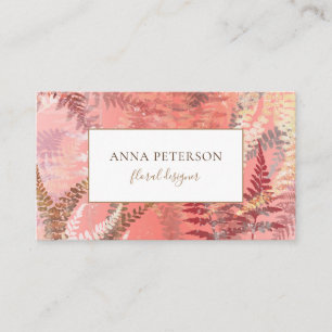 Modern Elegant Gold Coral Pink Fern Leaves Business Card