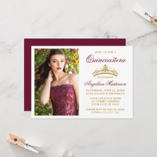 Modern Elegant Gold Crown Burgundy Quinceanera Invitation