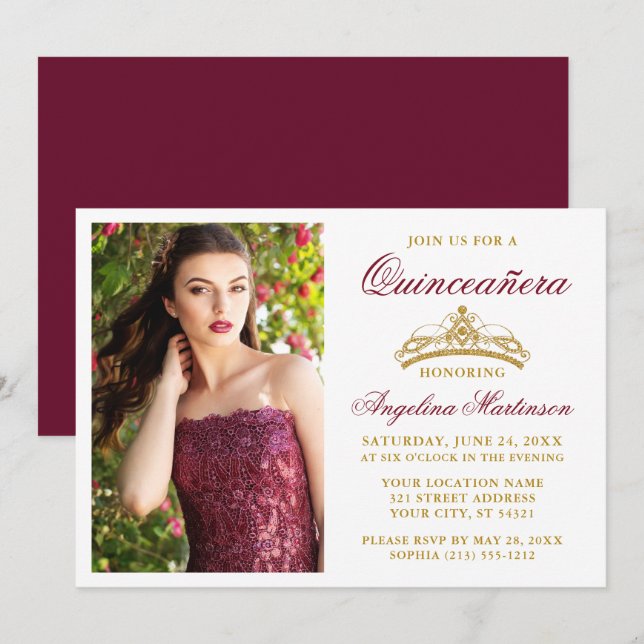 Modern Elegant Gold Crown Burgundy Quinceanera Invitation (Front/Back)