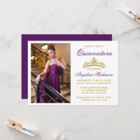 Modern Elegant Gold Crown Photo Purple Quinceanera