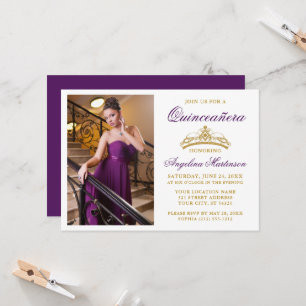 Modern Elegant Gold Crown Photo Purple Quinceanera Invitation