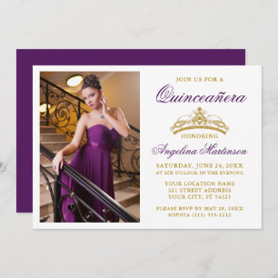 Modern Elegant Gold Crown Photo Purple Quinceanera Invitation