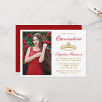 Modern Elegant Gold Crown Photo Red Quinceanera