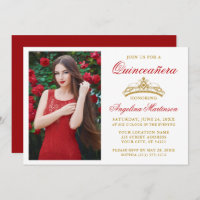 Modern Elegant Gold Crown Photo Red Quinceanera