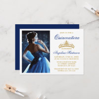 Modern Elegant Gold Crown Royal Blue Quinceanera