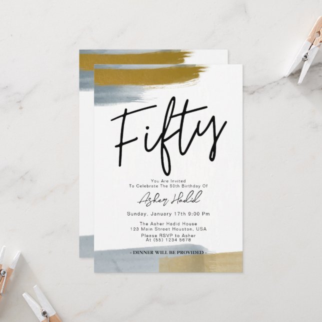 Modern Elegant Gold FIFTY 50th Birthday Party Invitation (Front/Back In Situ)
