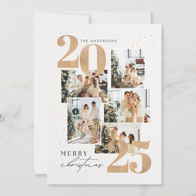 Modern Elegant Gold Five Photo Collage Christmas Holiday Card (Front)