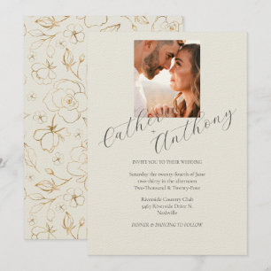Modern Elegant Gold Floral Photo Wedding  Invitation