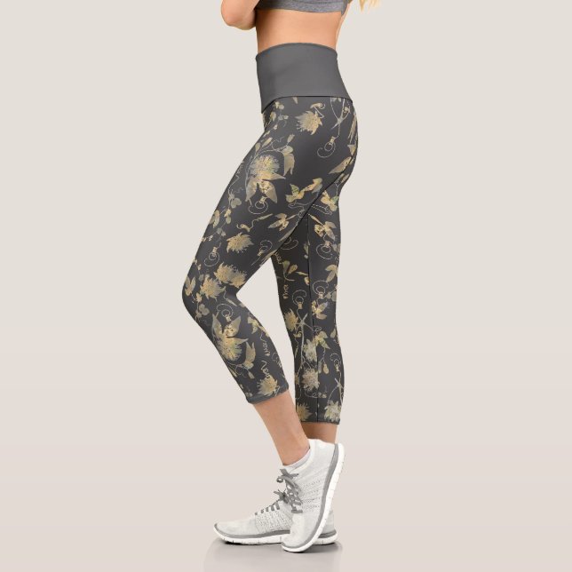 Modern Elegant Gold Flowers on Dark Grey Capri Leggings (Left)