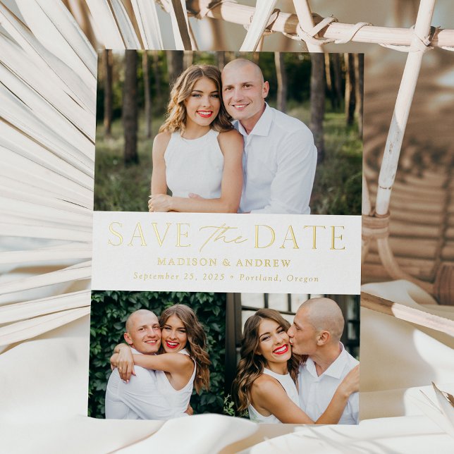 Modern Elegant Gold Foil 3 Photo Save the Date (Creator Uploaded)