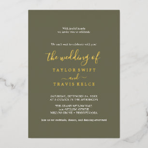 Modern Elegant Gold Foil Olive Green Photo Wedding
