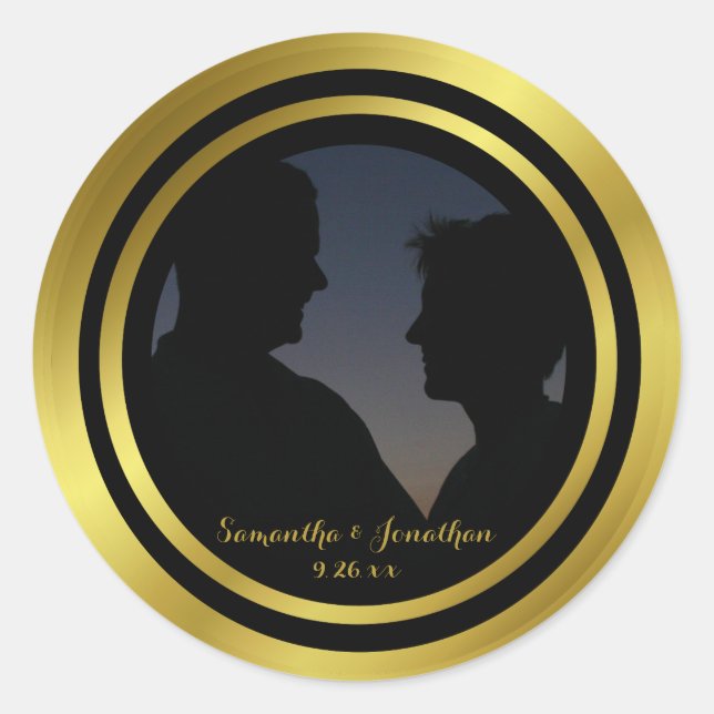 Modern Elegant Gold Foil Photo Wedding Engagement Classic Round Sticker (Front)