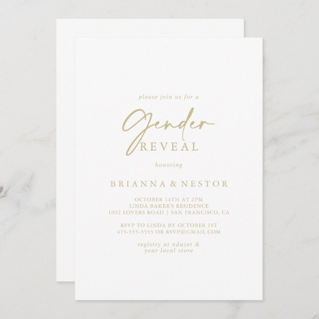 Modern Elegant Gold Gender Reveal Party  Invitation (Front/Back)